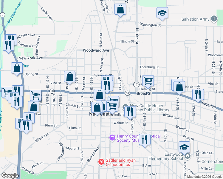 map of restaurants, bars, coffee shops, grocery stores, and more near 1322 Broad Street in New Castle