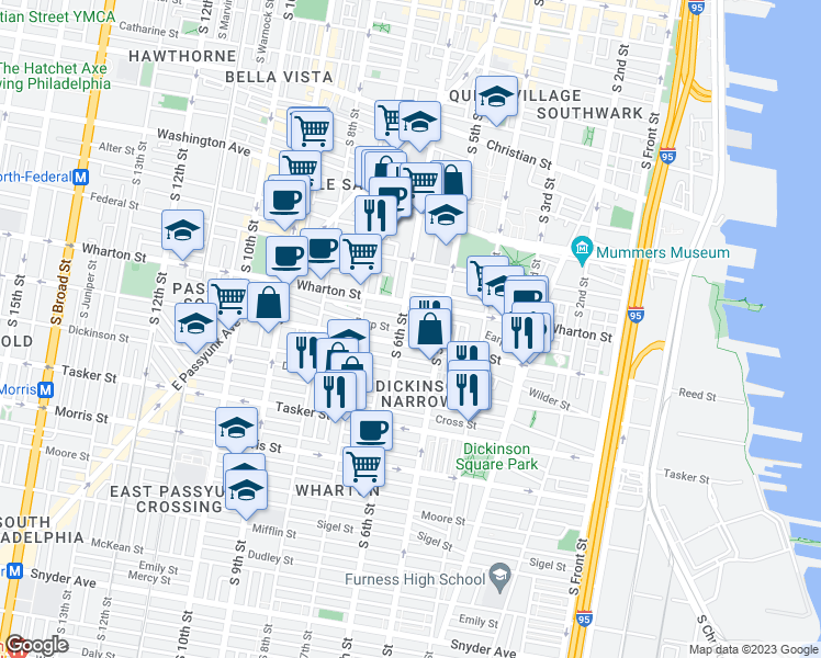 map of restaurants, bars, coffee shops, grocery stores, and more near 1330 South Fairhill Street in Philadelphia