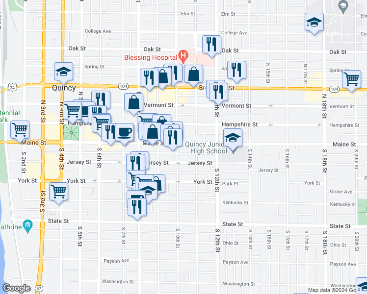 map of restaurants, bars, coffee shops, grocery stores, and more near 1012 Maine Street in Quincy