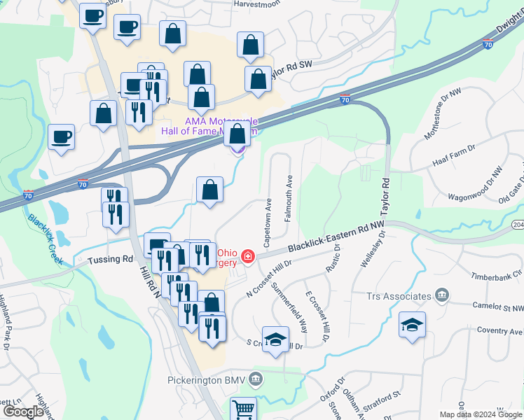 map of restaurants, bars, coffee shops, grocery stores, and more near 13463 Capetown Avenue in Pickerington