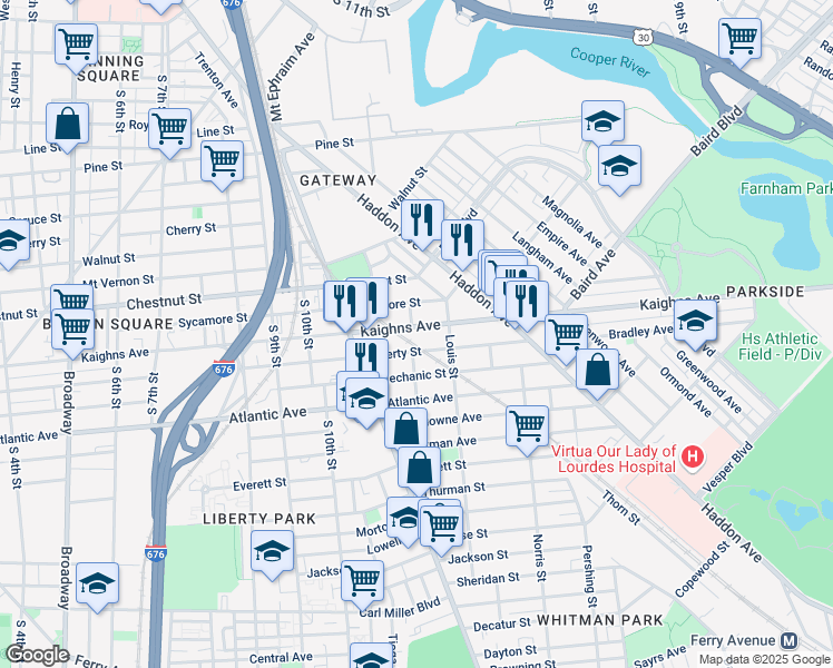 map of restaurants, bars, coffee shops, grocery stores, and more near 1150 Kaighns Avenue in Camden