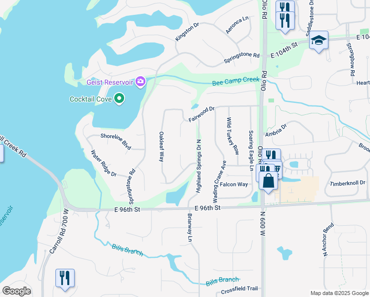 map of restaurants, bars, coffee shops, grocery stores, and more near 9884 Deerfield Lane in McCordsville