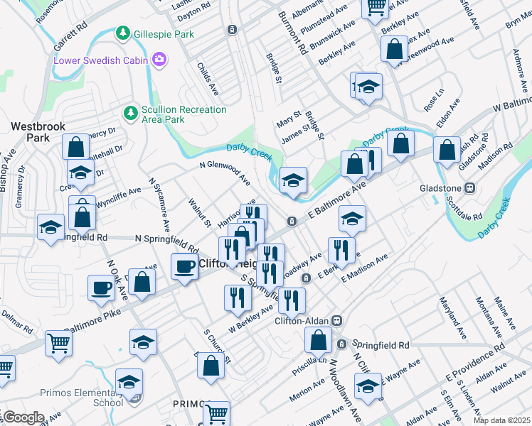 map of restaurants, bars, coffee shops, grocery stores, and more near 51 North Penn Street in Clifton Heights