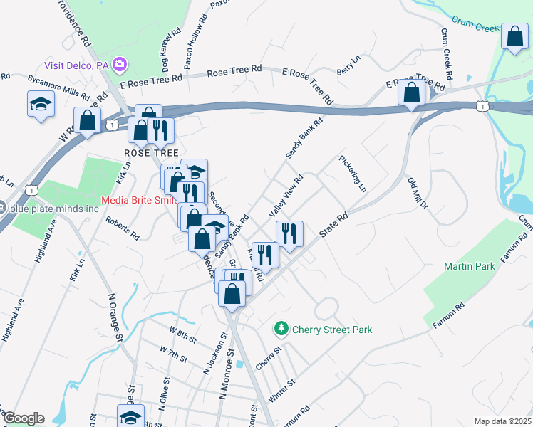 map of restaurants, bars, coffee shops, grocery stores, and more near 220 Valley View Road in Media