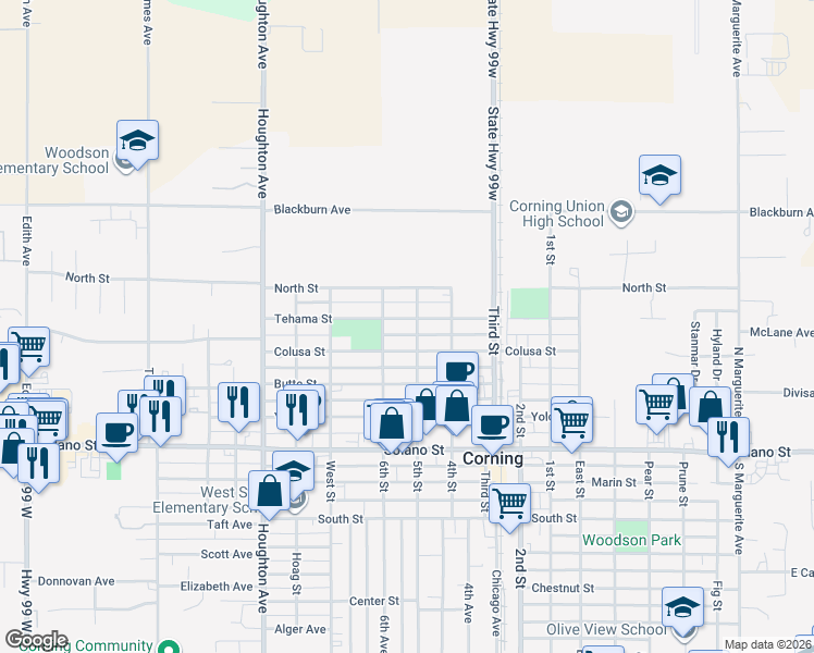map of restaurants, bars, coffee shops, grocery stores, and more near 1301 Tehama Street in Corning