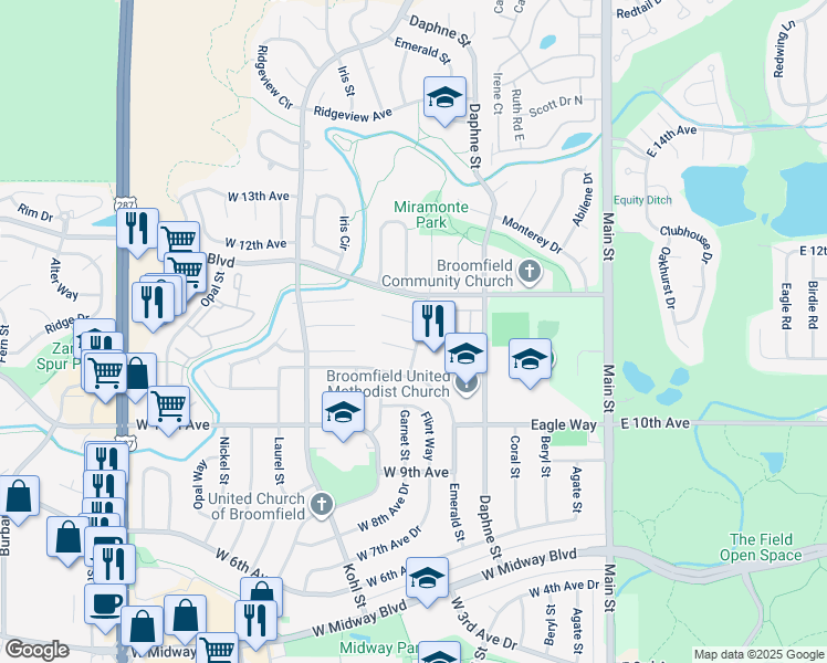 map of restaurants, bars, coffee shops, grocery stores, and more near 800 Mesa Court in Broomfield