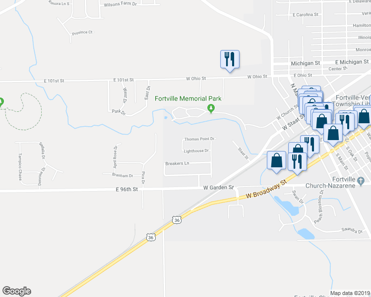 map of restaurants, bars, coffee shops, grocery stores, and more near 403 Sandy Point Lane in Fortville