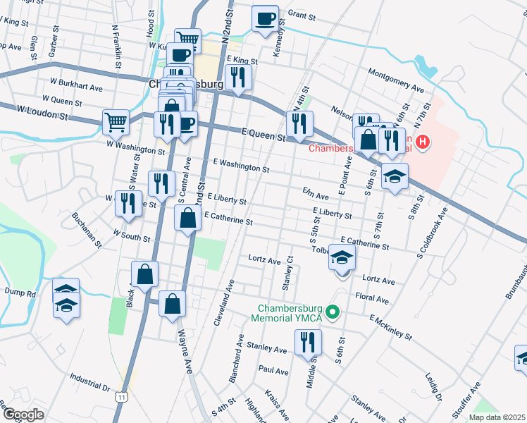 map of restaurants, bars, coffee shops, grocery stores, and more near 362 East Liberty Street in Chambersburg