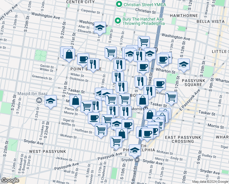 map of restaurants, bars, coffee shops, grocery stores, and more near 1501 South 17th Street in Philadelphia