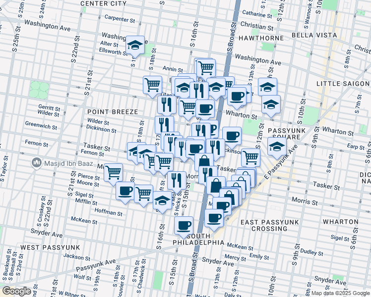 map of restaurants, bars, coffee shops, grocery stores, and more near 1514 South Hicks Street in Philadelphia