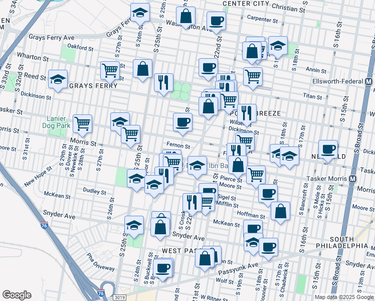map of restaurants, bars, coffee shops, grocery stores, and more near 1630 Point Breeze Avenue in Philadelphia