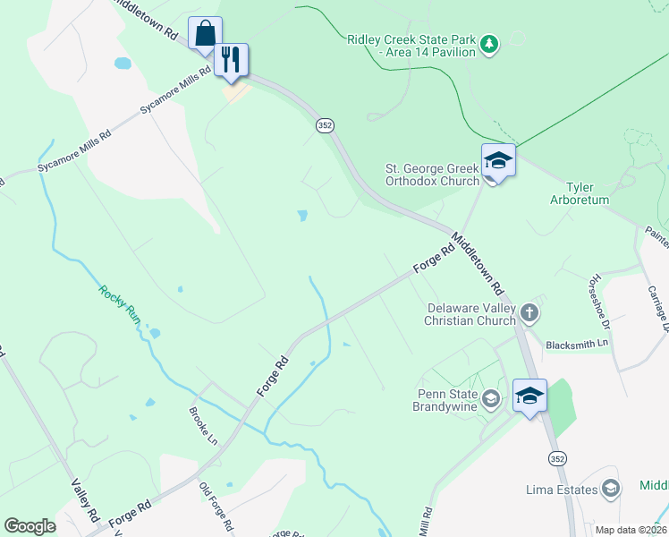 map of restaurants, bars, coffee shops, grocery stores, and more near 63 Forge Road in Glen Mills
