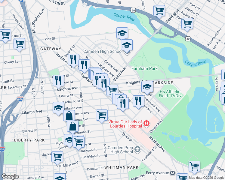 map of restaurants, bars, coffee shops, grocery stores, and more near 1316 Princess Ave in Camden