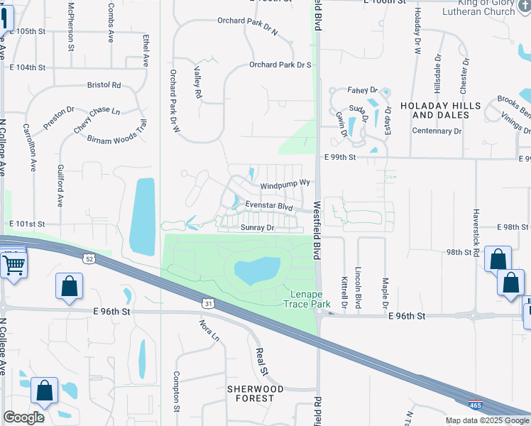 map of restaurants, bars, coffee shops, grocery stores, and more near 1507 Starcross Lane in Indianapolis