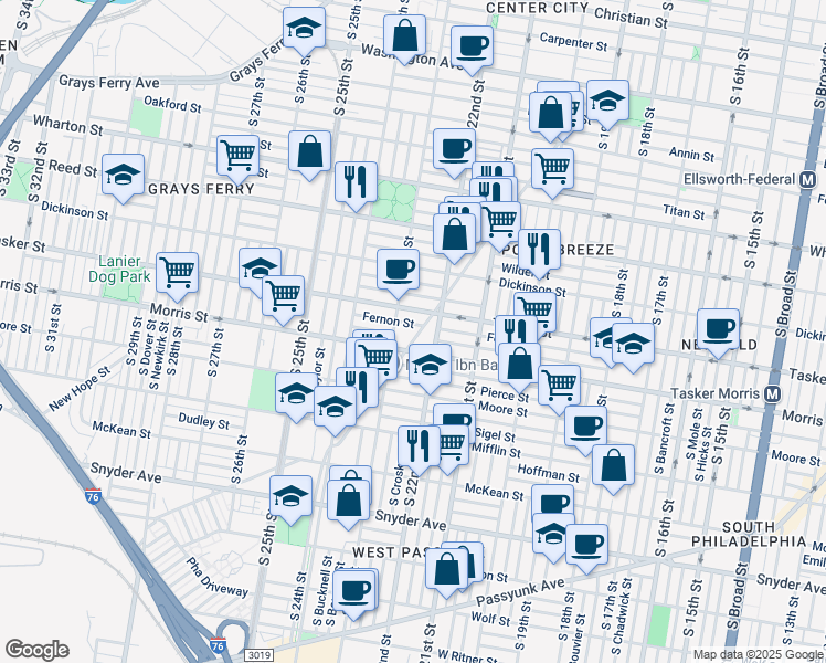 map of restaurants, bars, coffee shops, grocery stores, and more near 1630 Point Breeze Avenue in Philadelphia