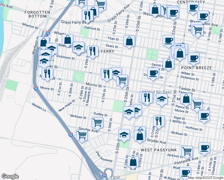 map of restaurants, bars, coffee shops, grocery stores, and more near 2600 Morris Street in Philadelphia