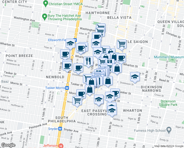 map of restaurants, bars, coffee shops, grocery stores, and more near 1425 South 12th Street in Philadelphia