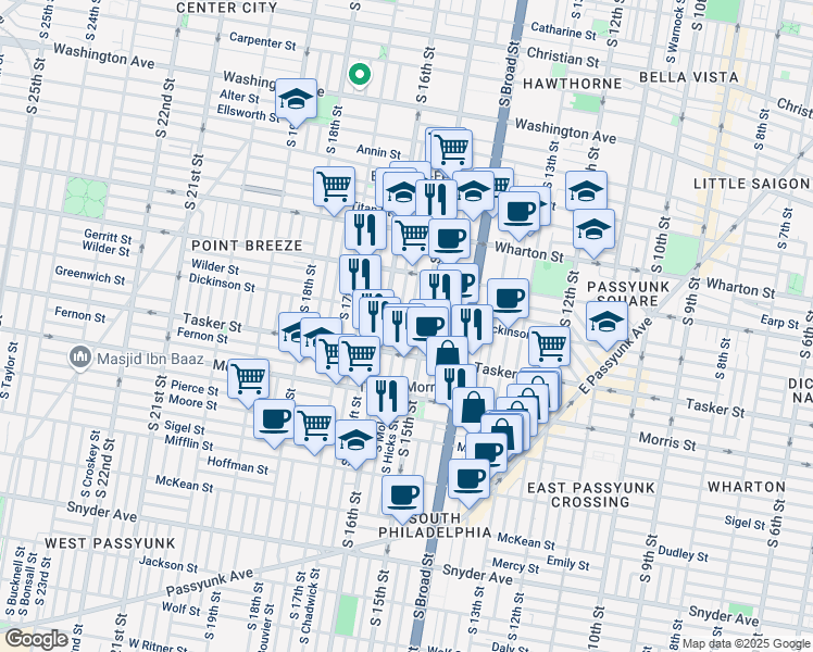 map of restaurants, bars, coffee shops, grocery stores, and more near 1514 South Hicks Street in Philadelphia