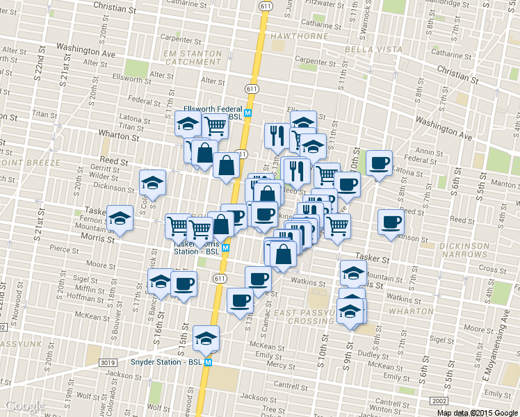 map of restaurants, bars, coffee shops, grocery stores, and more near 1307 Dickinson St in Philadelphia