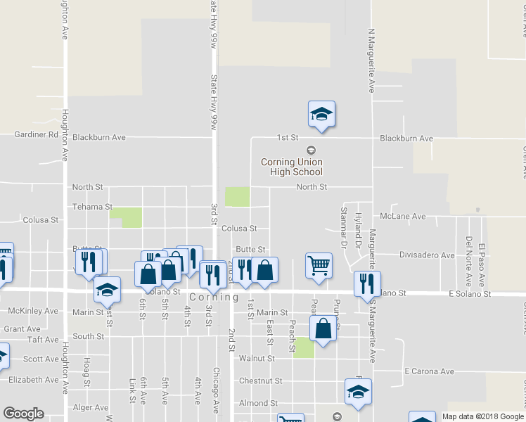 map of restaurants, bars, coffee shops, grocery stores, and more near 803 Tehama Street in Corning