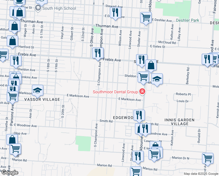 map of restaurants, bars, coffee shops, grocery stores, and more near 1630 Oakwood Avenue in Columbus