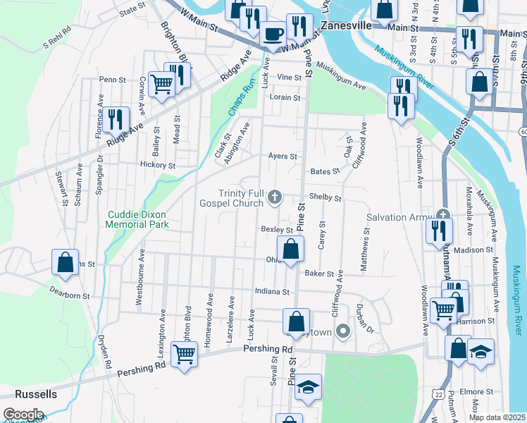 map of restaurants, bars, coffee shops, grocery stores, and more near 542 Luck Avenue in Zanesville