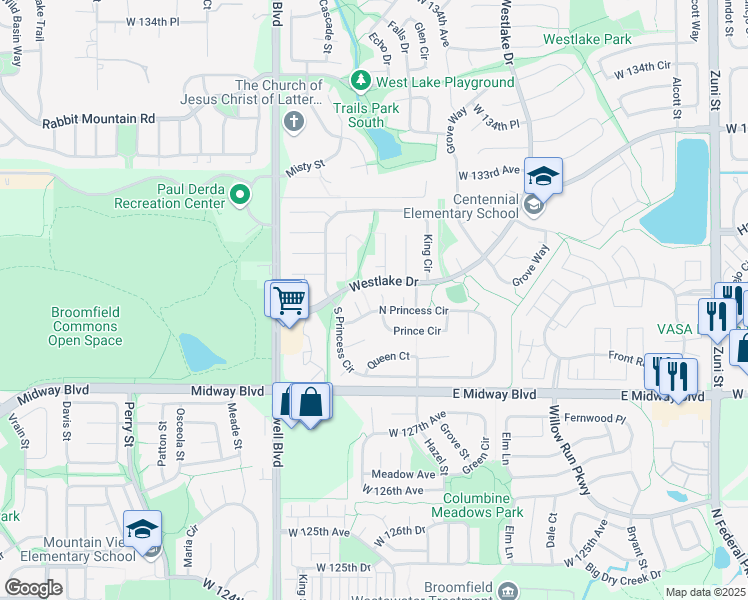 map of restaurants, bars, coffee shops, grocery stores, and more near 12961 Prince Court in Broomfield