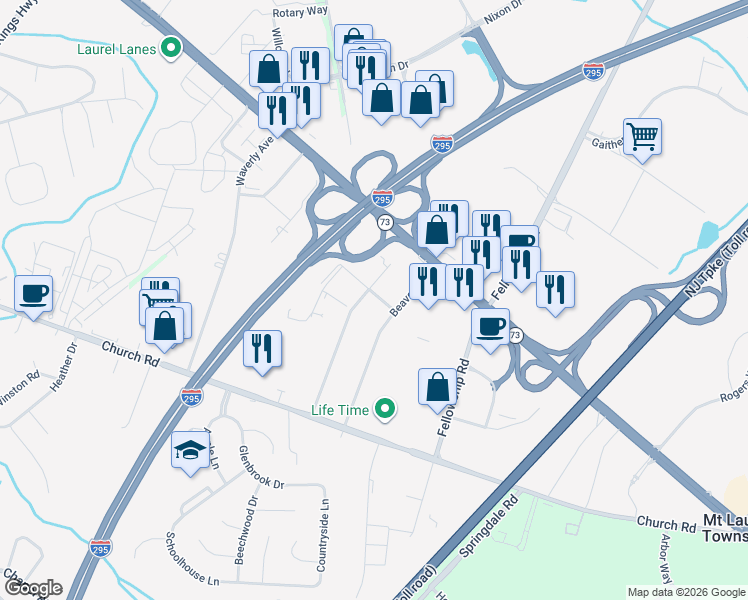 map of restaurants, bars, coffee shops, grocery stores, and more near 7 Federal Street in Mount Laurel Township