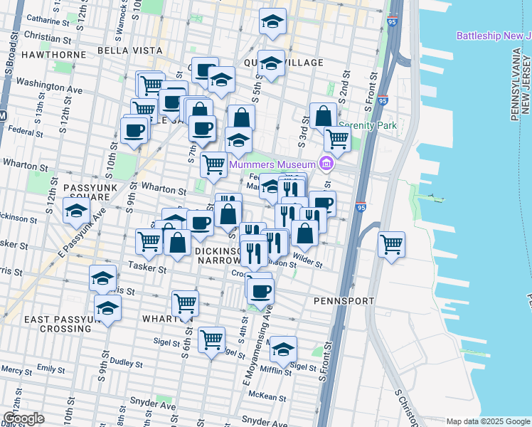 map of restaurants, bars, coffee shops, grocery stores, and more near 1315 South 4th Street in Philadelphia