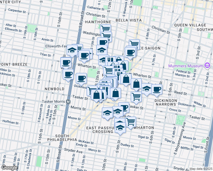 map of restaurants, bars, coffee shops, grocery stores, and more near 1101 Gerritt Street in Philadelphia
