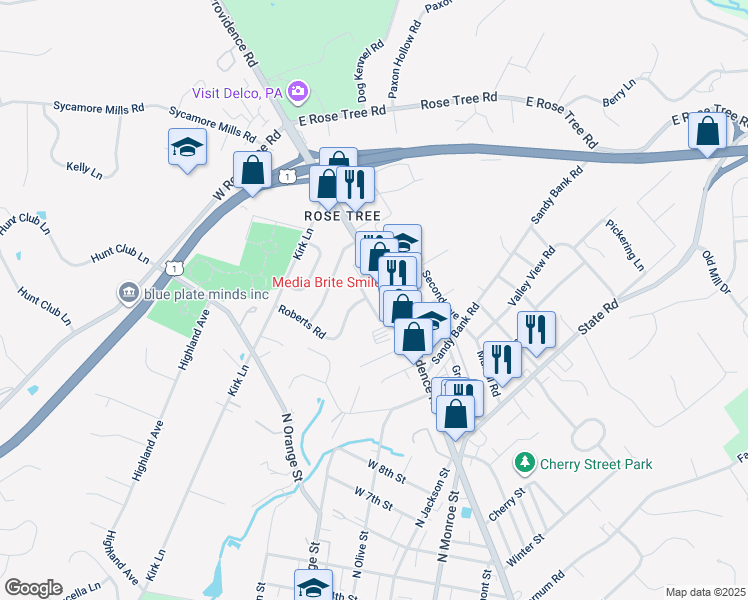 map of restaurants, bars, coffee shops, grocery stores, and more near 1011 Woodcliffe Avenue in Media