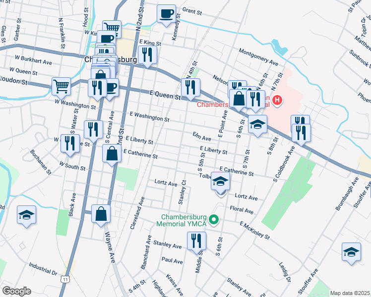 map of restaurants, bars, coffee shops, grocery stores, and more near 420 East Liberty Street in Chambersburg