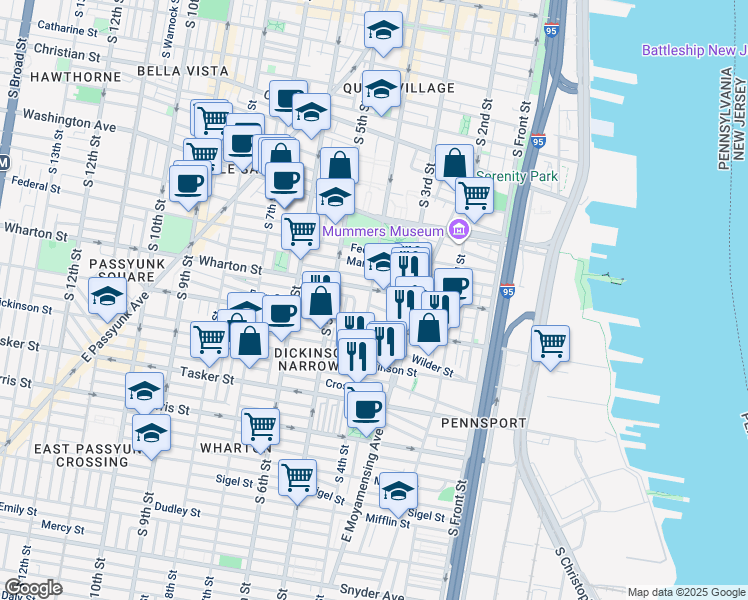 map of restaurants, bars, coffee shops, grocery stores, and more near 1315 South 4th Street in Philadelphia
