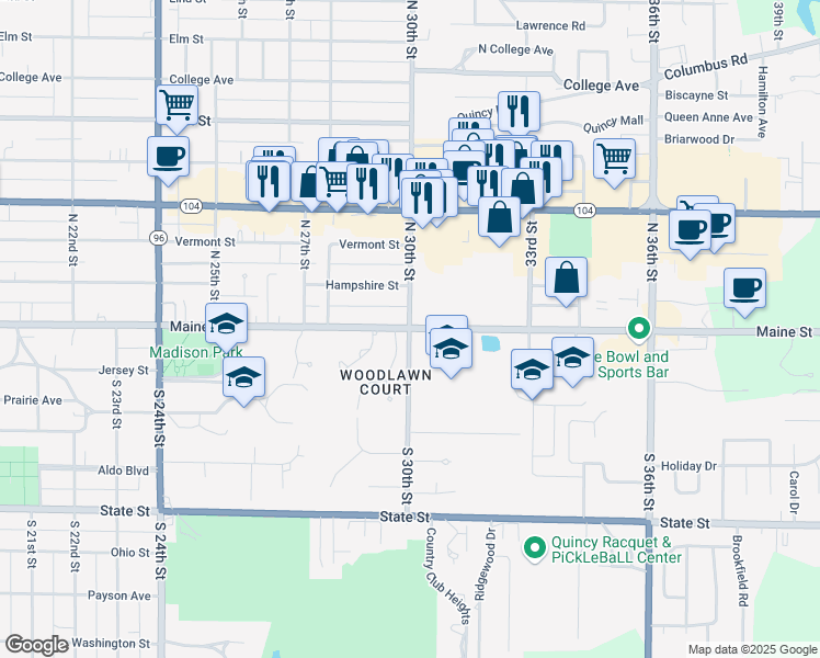 map of restaurants, bars, coffee shops, grocery stores, and more near 3000 Maine Street in Quincy