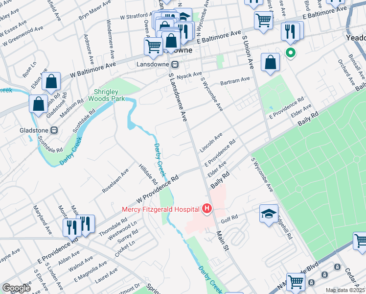 map of restaurants, bars, coffee shops, grocery stores, and more near 14A Hillview Circle in Yeadon