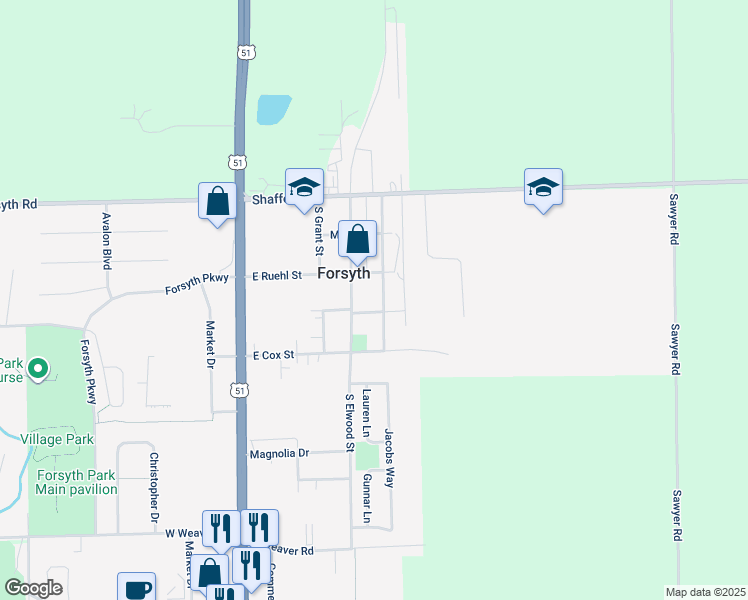 map of restaurants, bars, coffee shops, grocery stores, and more near 324-330 East Fitch Street in Forsyth