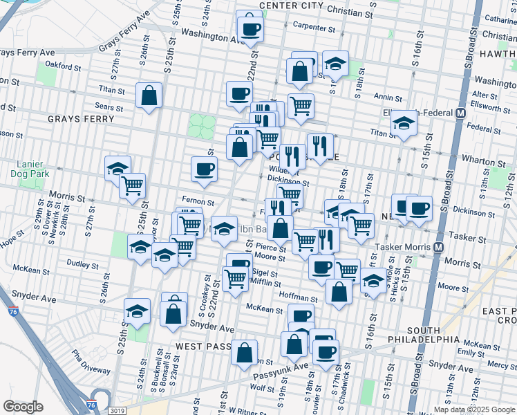 map of restaurants, bars, coffee shops, grocery stores, and more near 1609 South 21st Street in Philadelphia