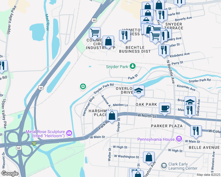 map of restaurants, bars, coffee shops, grocery stores, and more near 1947 Harshman Boulevard in Springfield