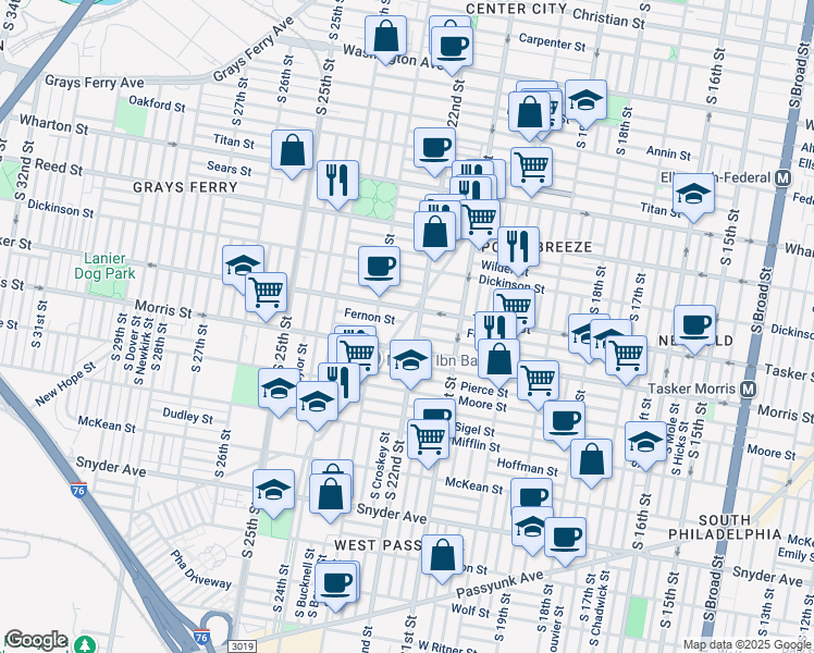 map of restaurants, bars, coffee shops, grocery stores, and more near 1621 South 22nd Street in Philadelphia