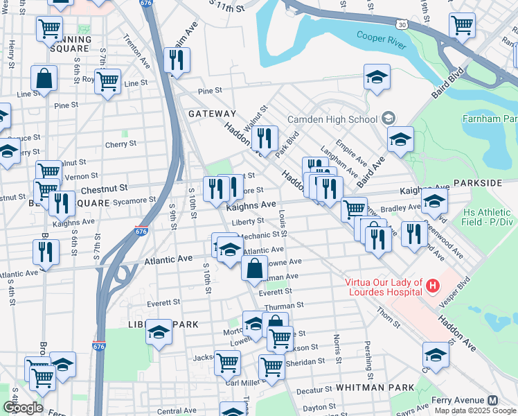 map of restaurants, bars, coffee shops, grocery stores, and more near 1150 Kaighn Avenue in Camden