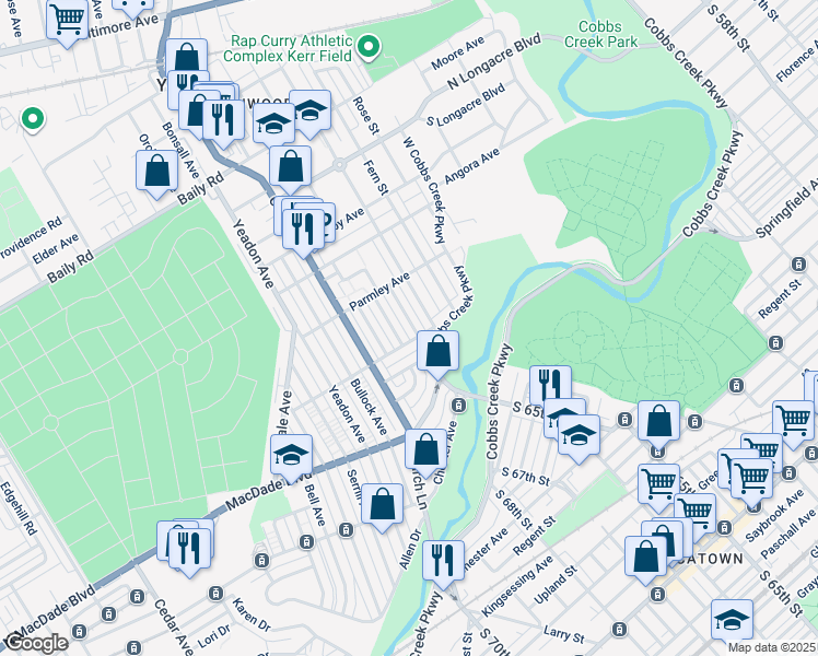 map of restaurants, bars, coffee shops, grocery stores, and more near 830 Pleasant Road in Yeadon