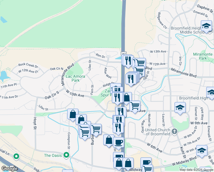 map of restaurants, bars, coffee shops, grocery stores, and more near 2262 Ridge Drive in Broomfield