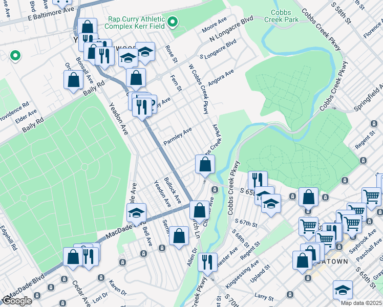 map of restaurants, bars, coffee shops, grocery stores, and more near 830 Pleasant Road in Yeadon