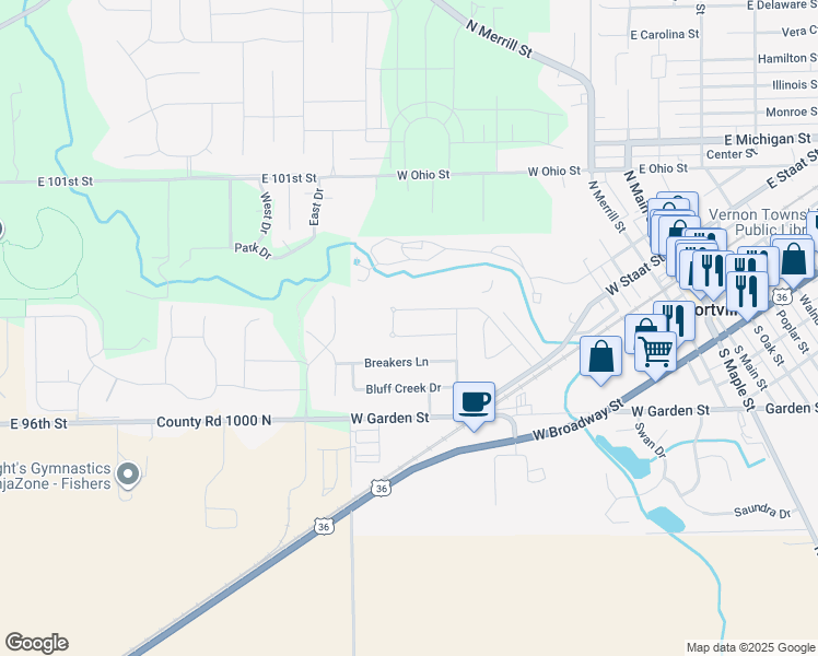 map of restaurants, bars, coffee shops, grocery stores, and more near 703 Lighthouse Drive in Fortville