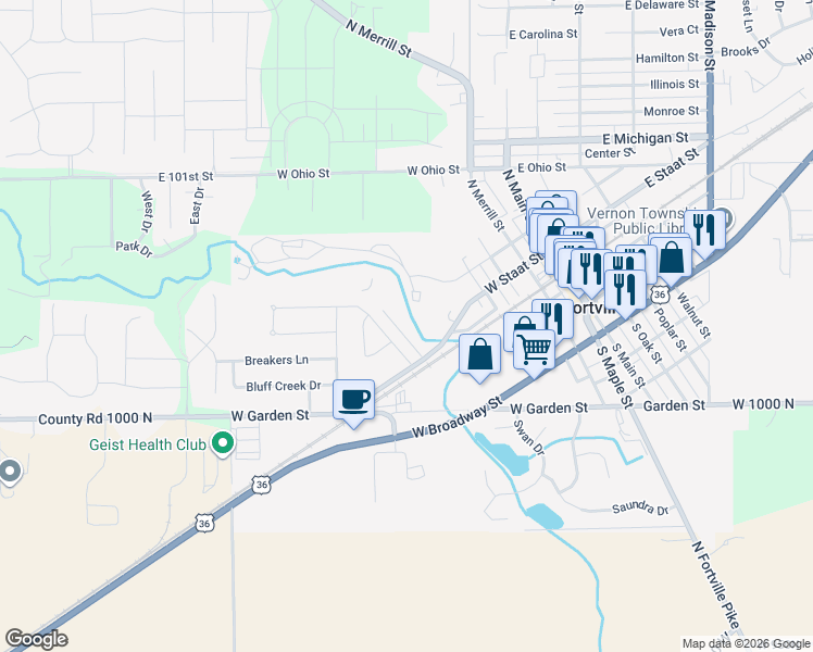 map of restaurants, bars, coffee shops, grocery stores, and more near 418 West Staat Street in Fortville