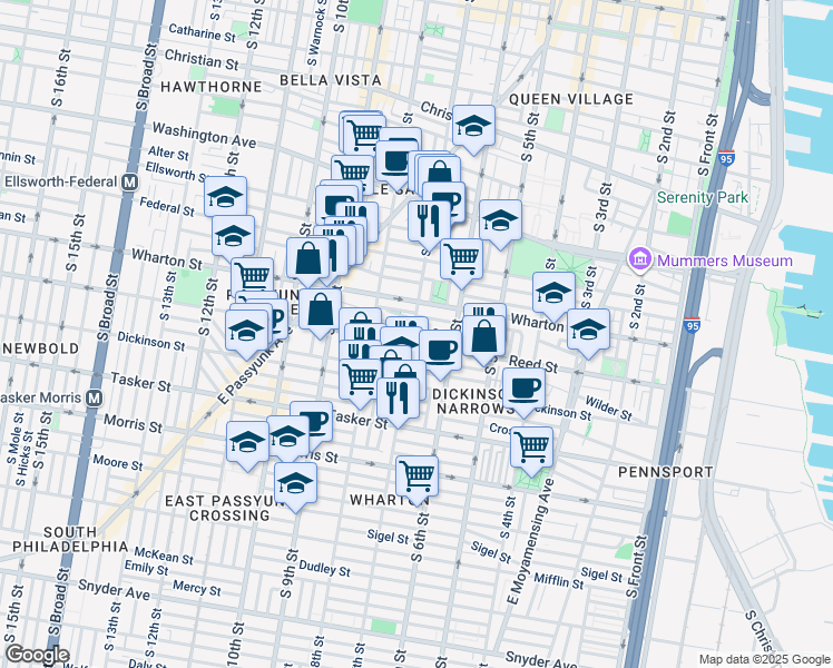 map of restaurants, bars, coffee shops, grocery stores, and more near 1337 South 7th Street in Philadelphia