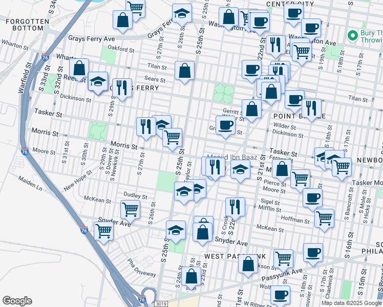 map of restaurants, bars, coffee shops, grocery stores, and more near 1649 South Taylor Street in Philadelphia