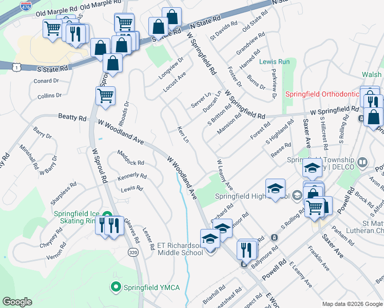 map of restaurants, bars, coffee shops, grocery stores, and more near 444 Kerr Lane in Springfield