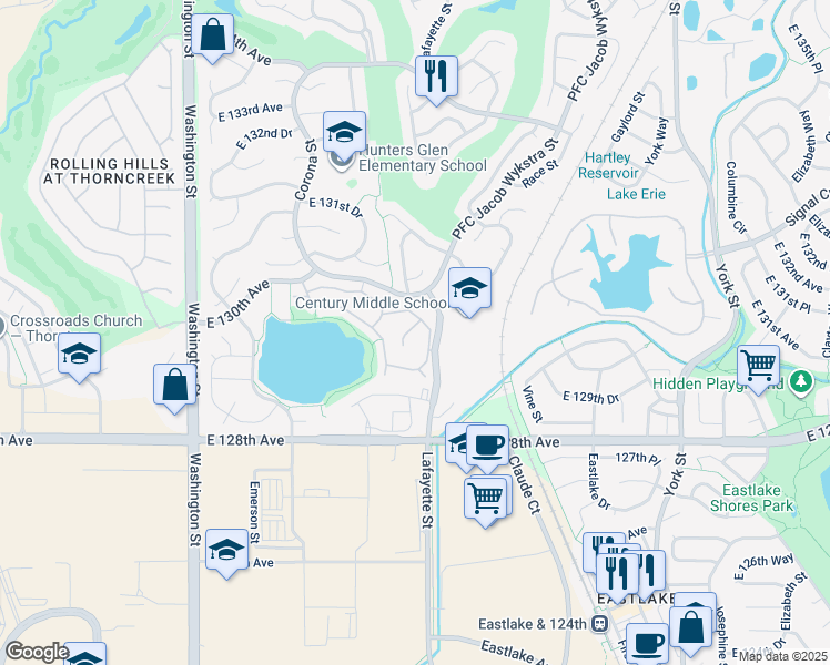 map of restaurants, bars, coffee shops, grocery stores, and more near 12933 Lafayette Street in Thornton