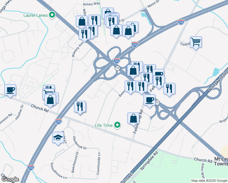 map of restaurants, bars, coffee shops, grocery stores, and more near 7 Federal Street in Mount Laurel Township